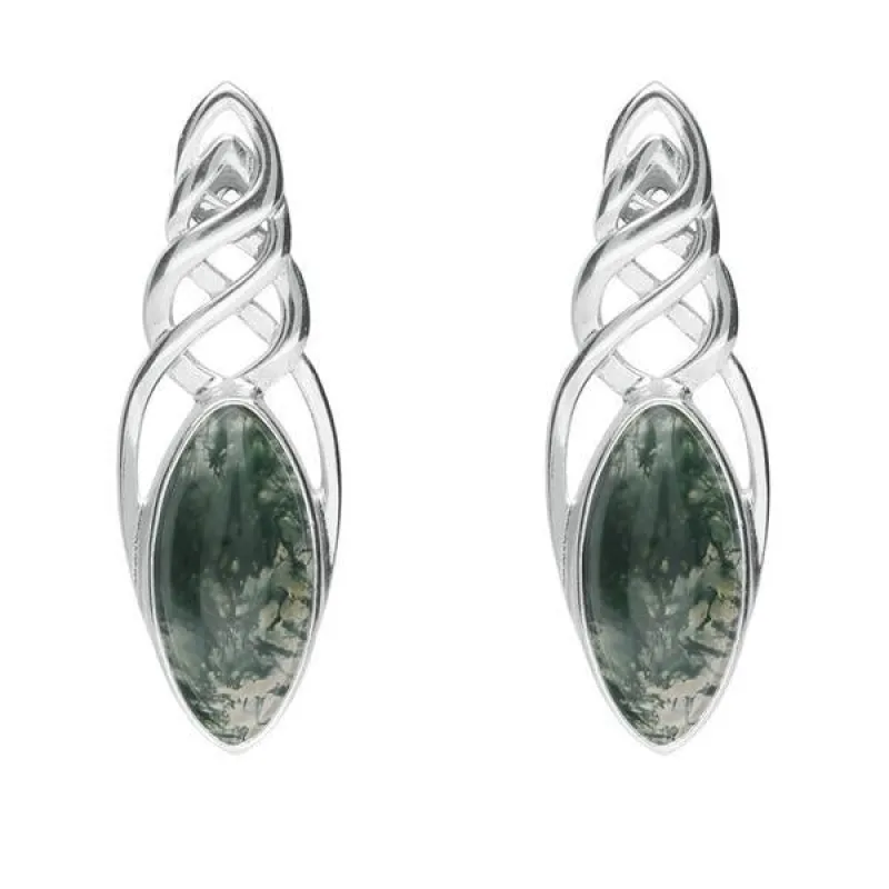 Sterling Silver Moss Agate Celtic Long Marquise Stud Earrings sold by Jura Watches