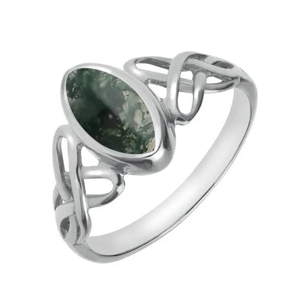 Sterling Silver Moss Agate Marquise Celtic Ring sold by Jura Watches