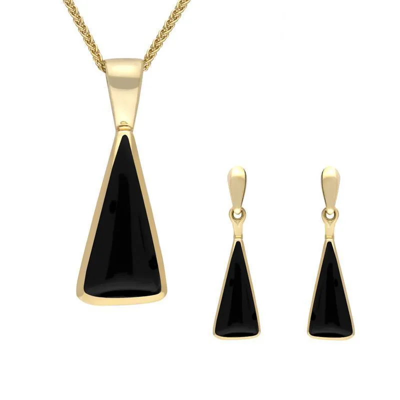 9ct Yellow Gold Whitby Jet Triangle Drop Two Piece Set sold by Jura Watches