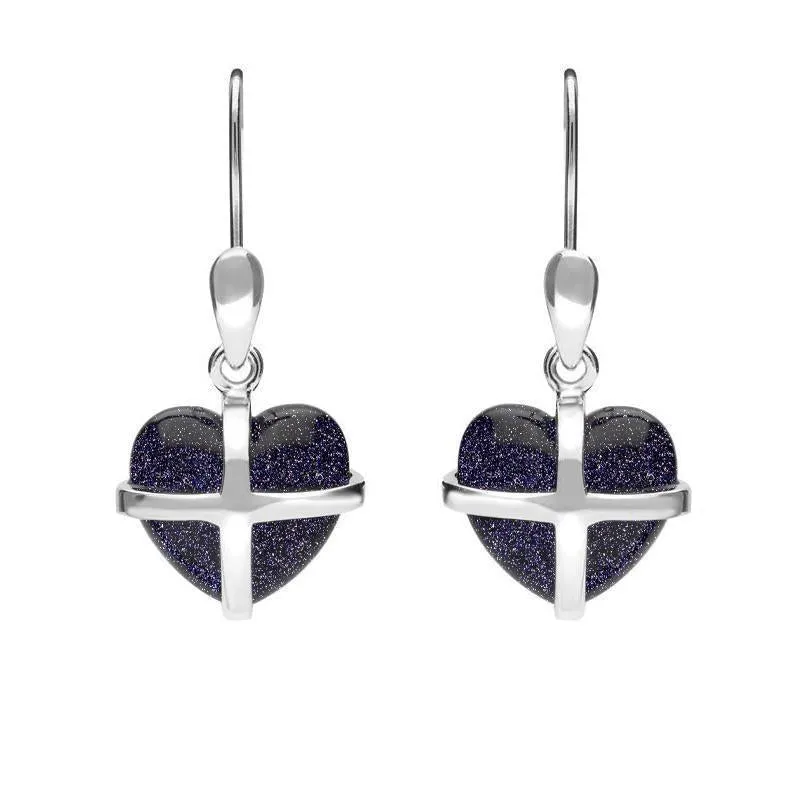 Sterling Silver Blue Goldstone Small Cross Heart Drop Earrings sold by Jura Watches