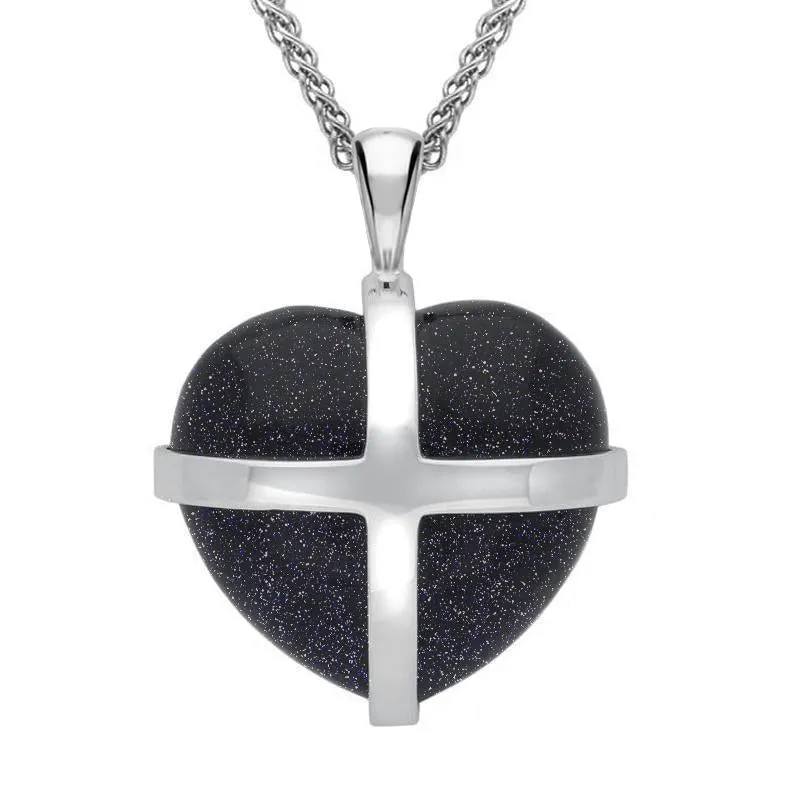 Sterling Silver Blue Goldstone Large Cross Heart Necklace sold by Jura Watches
