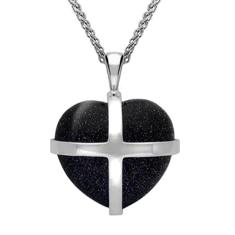 Sterling Silver Blue Goldstone Medium Cross Heart Necklace sold by Jura Watches