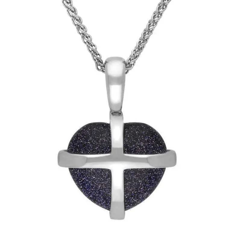 Sterling Silver Blue Goldstone Small Cross Heart Necklace sold by Jura Watches