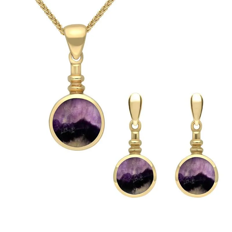 9ct Yellow Gold Blue John Round Bottletop Two Piece Set sold by Jura Watches