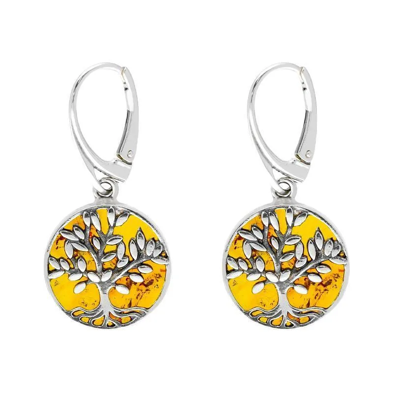 Sterling Silver Amber Round Large Tree of Life Leaves Drop Earrings sold by Jura Watches