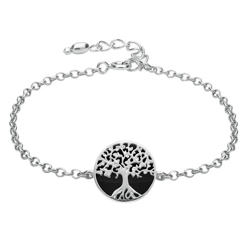 Sterling Silver Whitby Jet Round Tree of Life Chain Bracelet sold by Jura Watches
