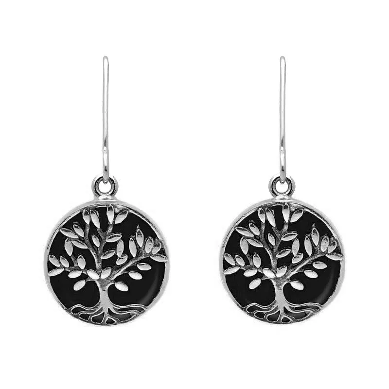 Sterling Silver Whitby Jet Round Large Tree of Life Leaves Drop Earrings sold by Jura Watches