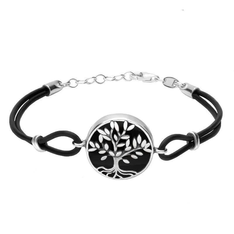 Sterling Silver Whitby Jet Cord Round Large Leaves Tree of Life Bracelet sold by Jura Watches
