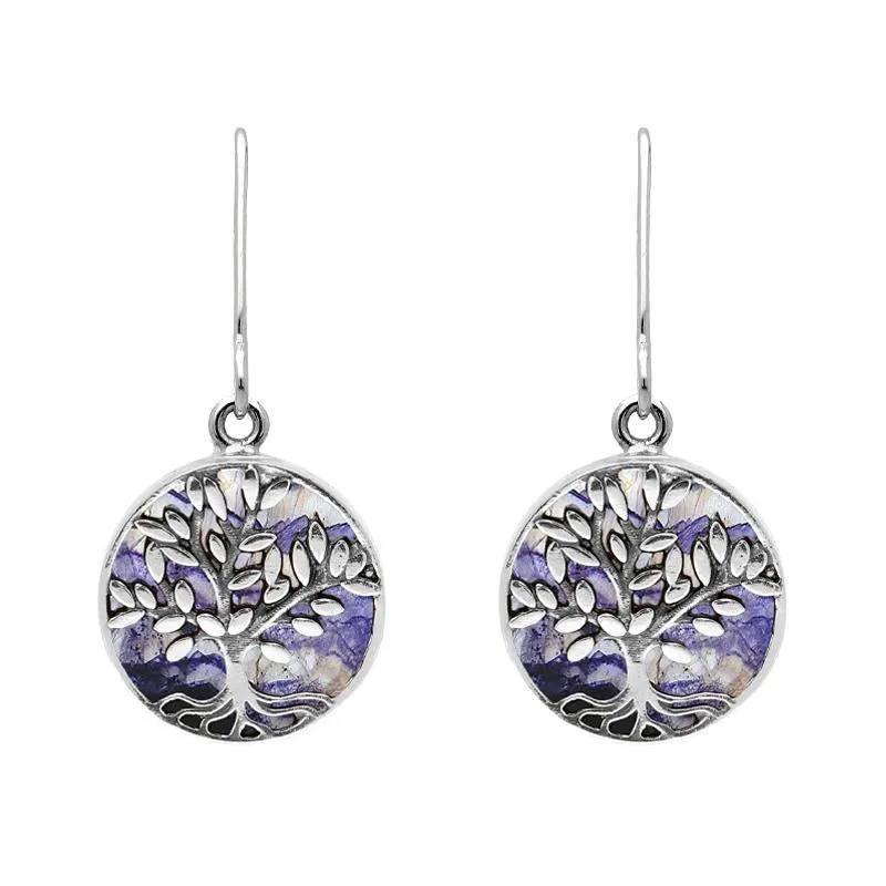 Sterling Silver Blue John Round Large Tree of Life Leaves Drop Earrings sold by Jura Watches