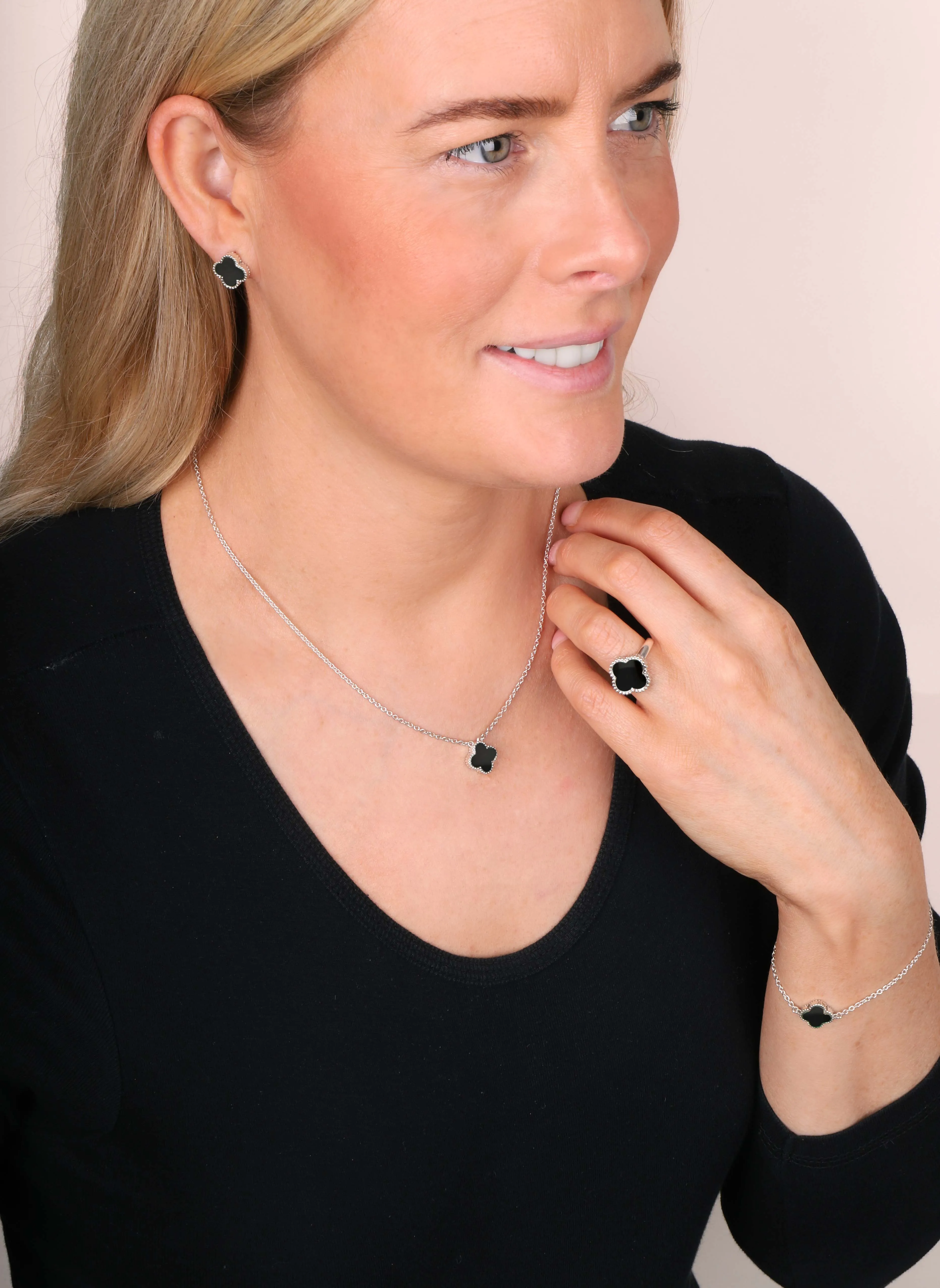 Sterling Silver Whitby Jet Bloom Small Four Leaf Clover Ball Edge Chain Necklace sold by Jura Watches product image thumbnail 2