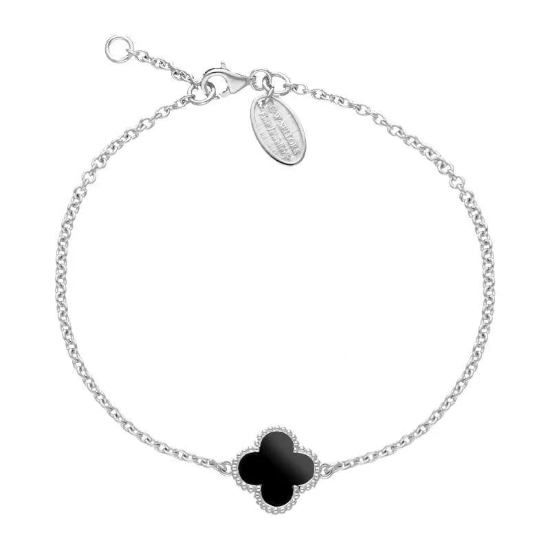 Sterling Silver Whitby Jet Bloom Four Leaf Clover Ball Edge Chain Bracelet sold by Jura Watches