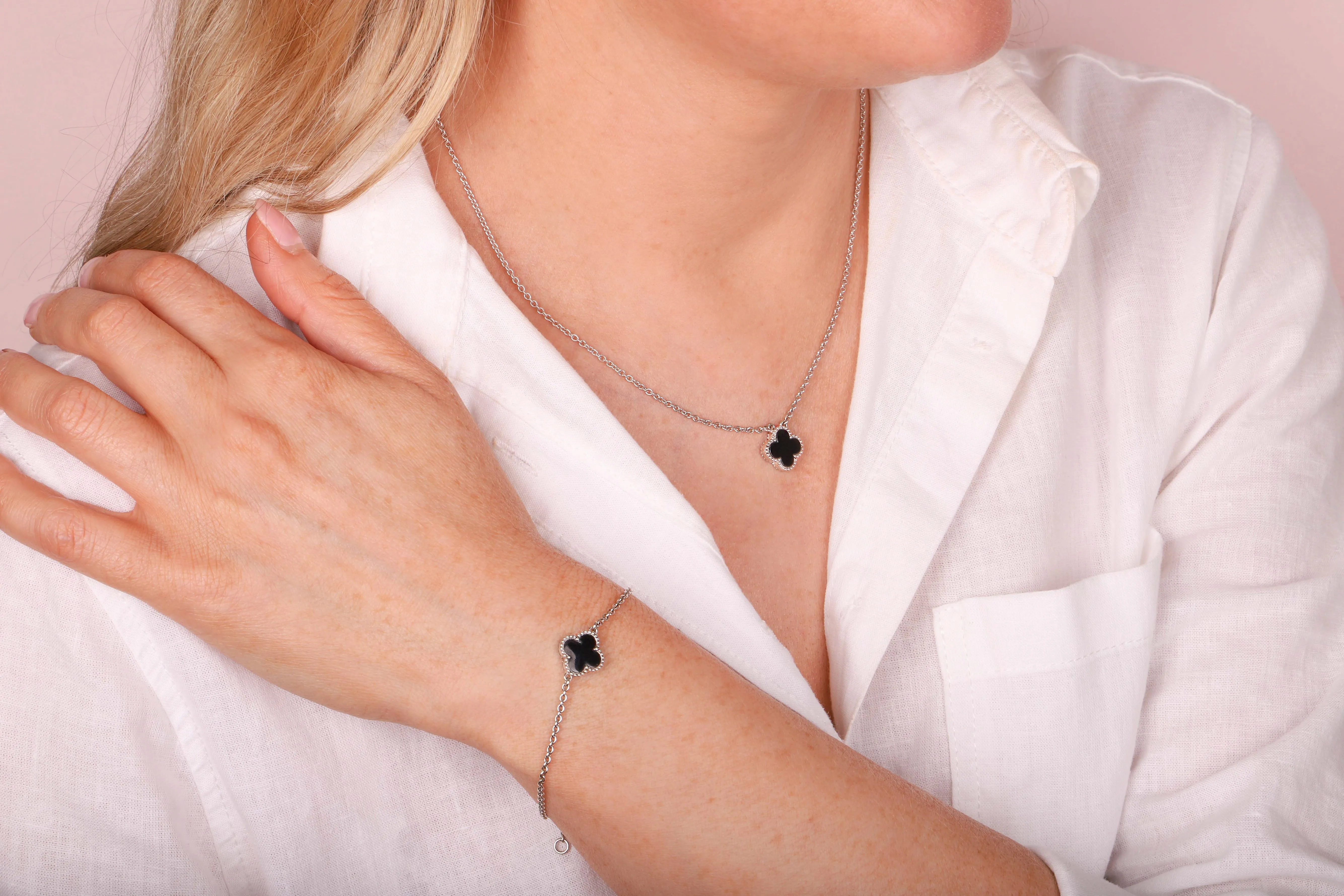 Sterling Silver Whitby Jet Bloom Four Leaf Clover Ball Edge Chain Bracelet sold by Jura Watches product image thumbnail 2