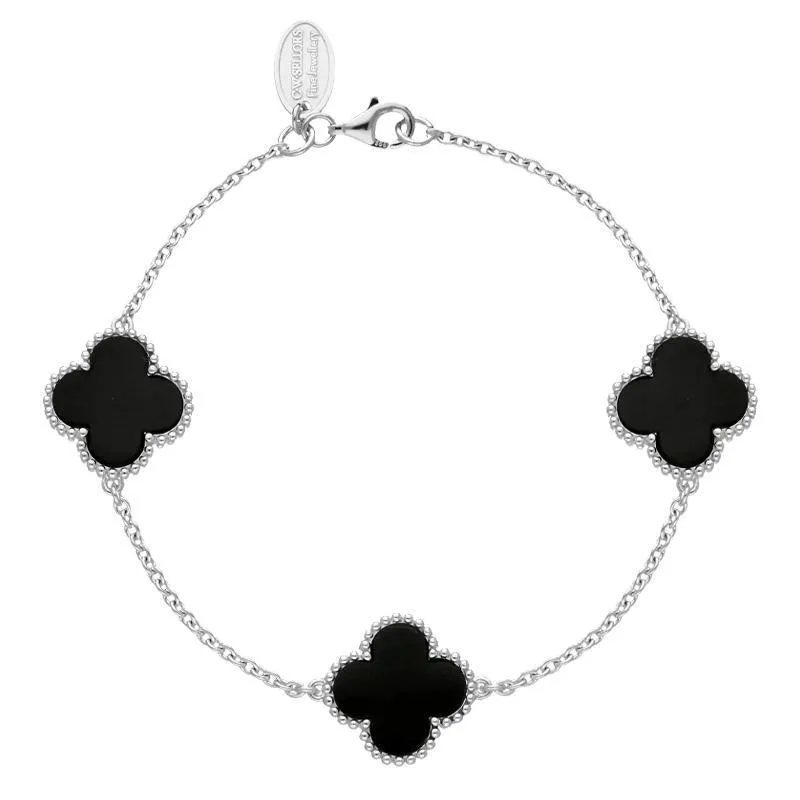 Sterling Silver Whitby Jet Bloom Four Leaf Clover Ball Edge Chain Bracelet sold by Jura Watches