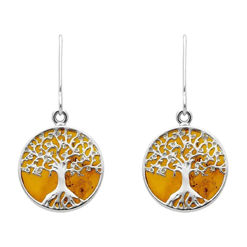 Sterling Silver Amber Round Tree Drop Earrings sold by Jura Watches
