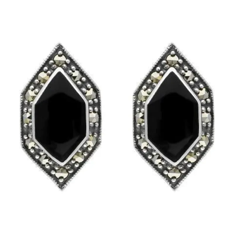Sterling Silver Whitby Jet Marcasite Abstract Marquise Stud Earrings sold by Jura Watches