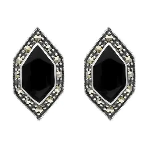 Sterling Silver Whitby Jet Marcasite Abstract Marquise Stud Earrings sold by Jura Watches