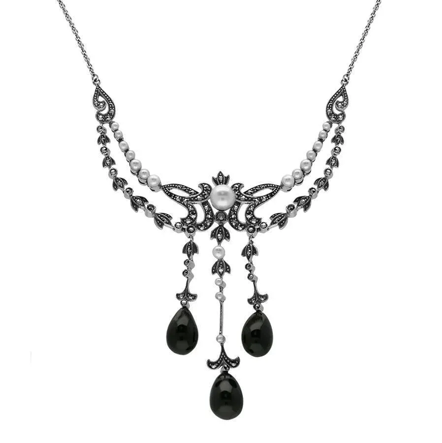 Sterling Silver Whitby Jet Marcasite Pearl Triple Drop Necklace sold by Jura Watches