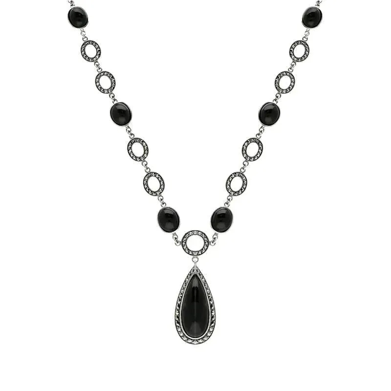 Sterling Silver Whitby Jet Marcasite Pear Drop Oval Chain Necklace sold by Jura Watches