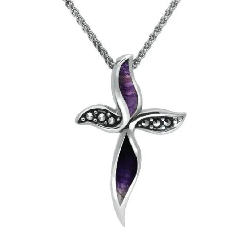 Sterling Silver Blue John and Marcasite Wavy Cross Necklace sold by Jura Watches