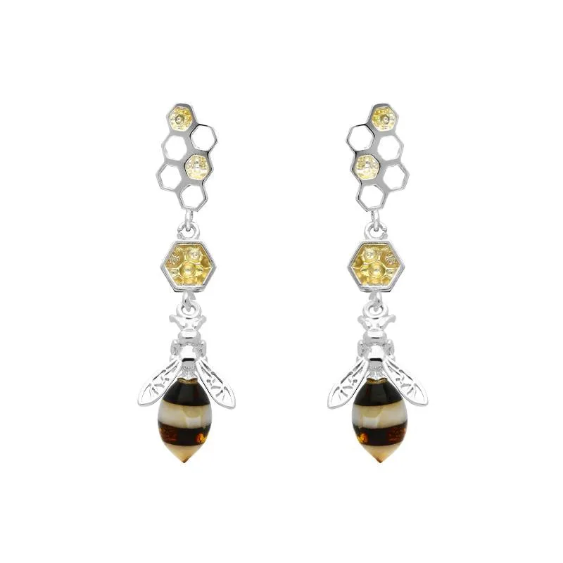 Yellow Gold Plated Sterling Silver Amber Bee and Honeycomb Earrings sold by Jura Watches
