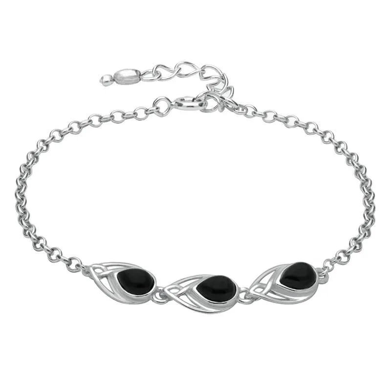 Sterling Silver Whitby Jet Three Stone Pear Bracelet sold by Jura Watches