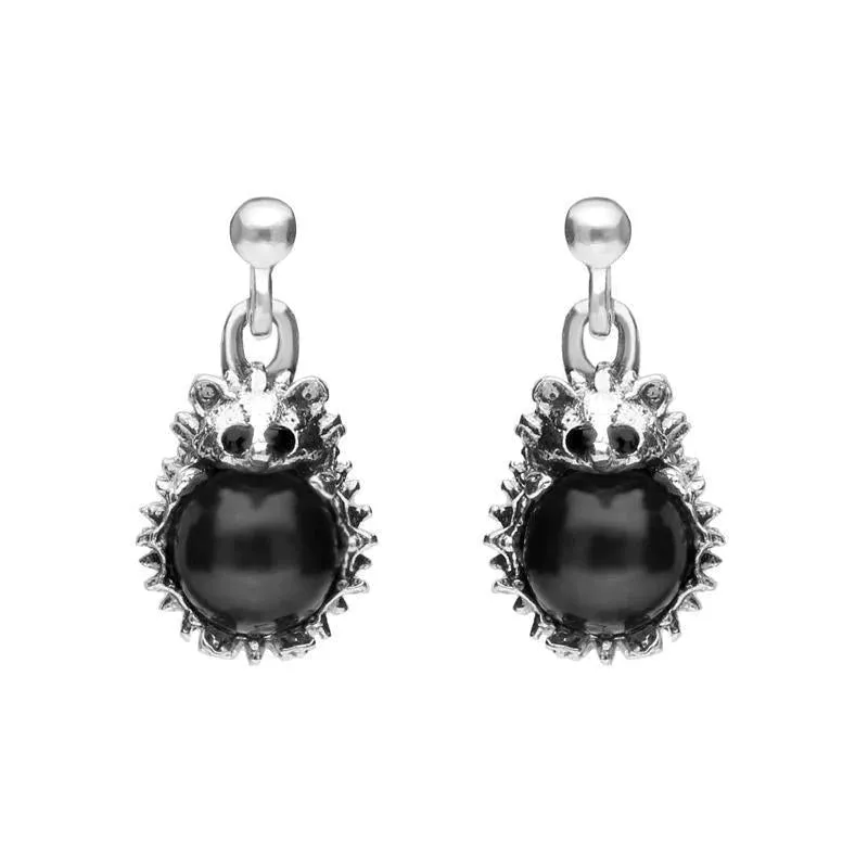 Sterling Silver Whitby Jet Tiny Hedgehog Drop Earrings sold by Jura Watches
