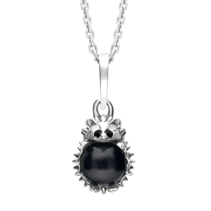 Sterling Silver Whitby Jet Tiny Hedgehog Necklace sold by Jura Watches