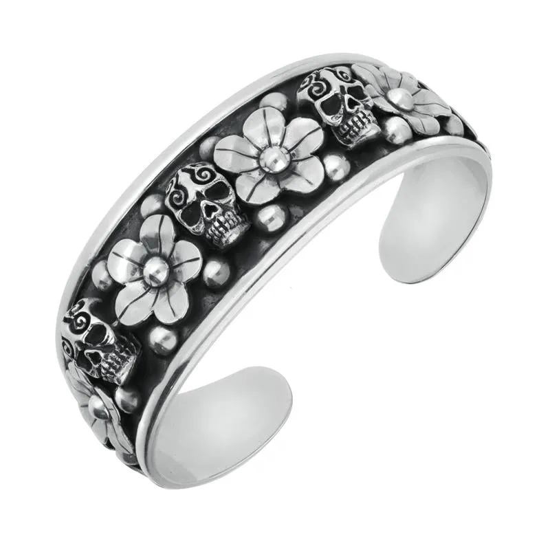 Sterling Silver Day Of The Dead Skull Flowers Cuff Bangle made by C.W. Sellors