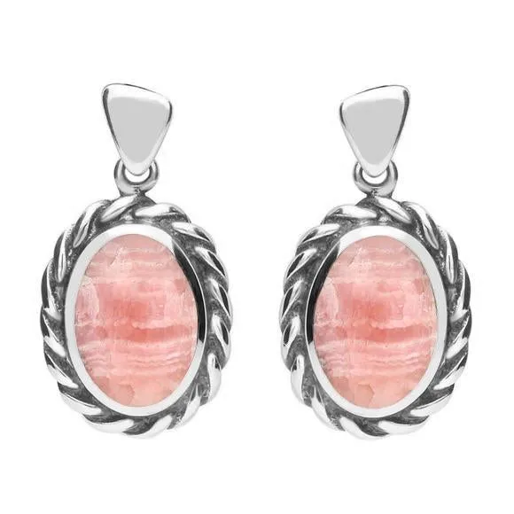 Sterling Silver Rhodochrosite Oval Rope Edge Earrings sold by Jura Watches
