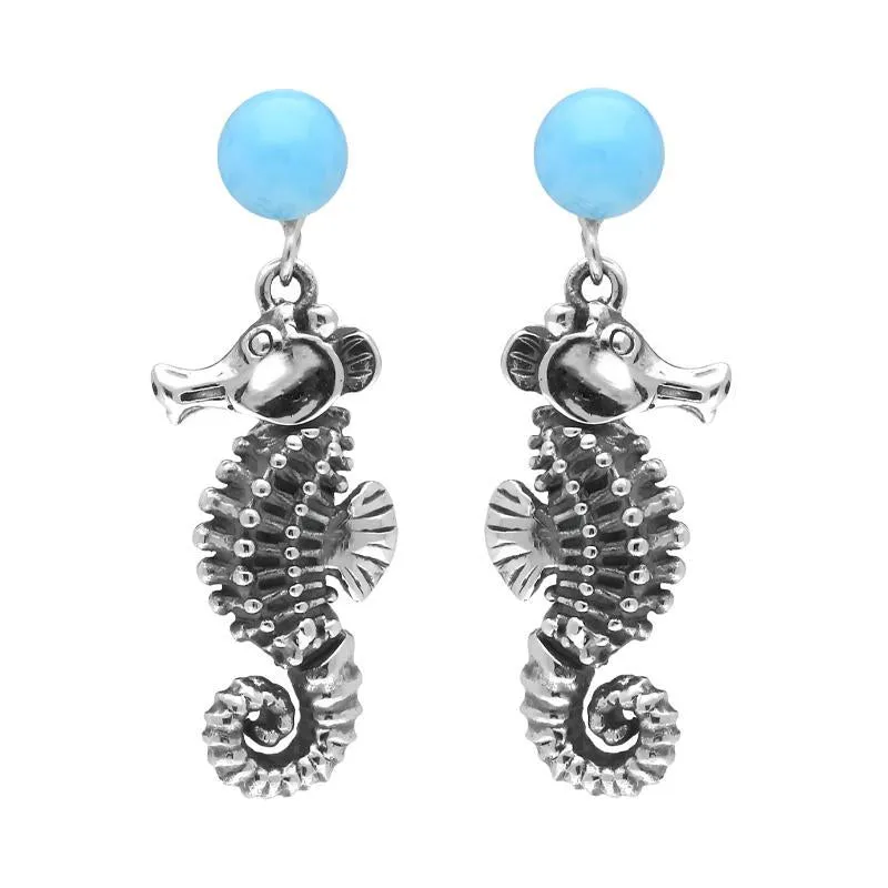 Sterling Silver Small Stone Larimar Seahorse Drop Earrings sold by Jura Watches