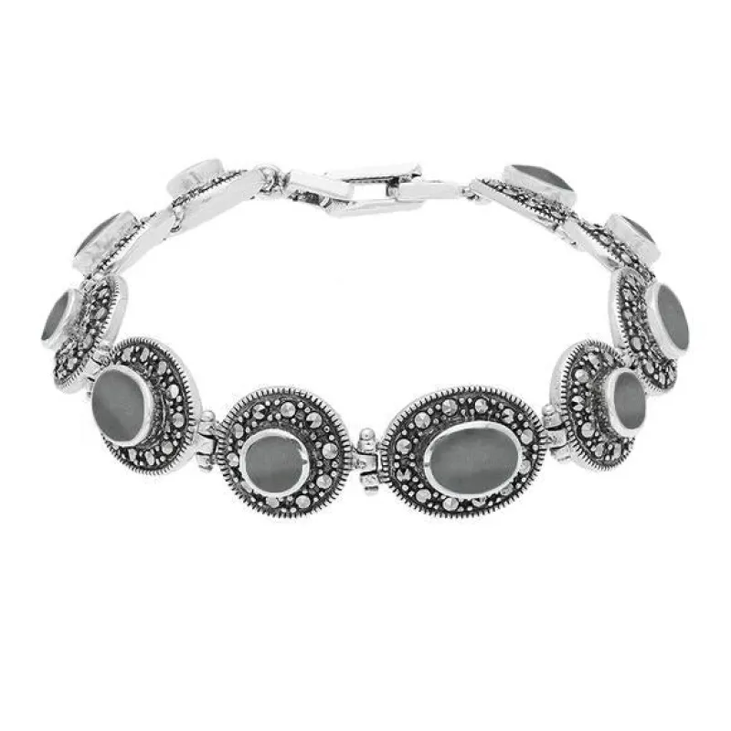 Sterling Silver Hematite Marcasite Oval Link Bracelet made by C.W. Sellors