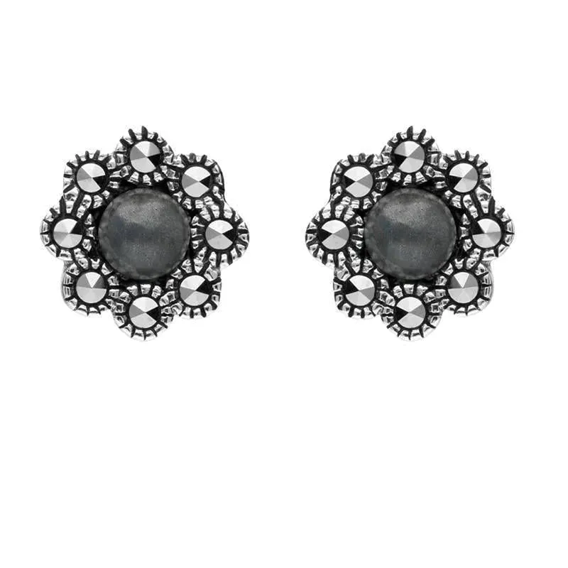 Sterling Silver Hematite Marcasite Round Edge Bead Stud Earrings sold by Jura Watches