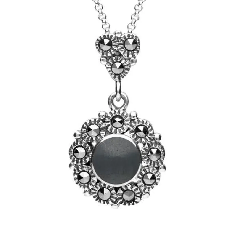Sterling Silver Hematite Marcasite Round Beaded Drop Necklace sold by Jura Watches