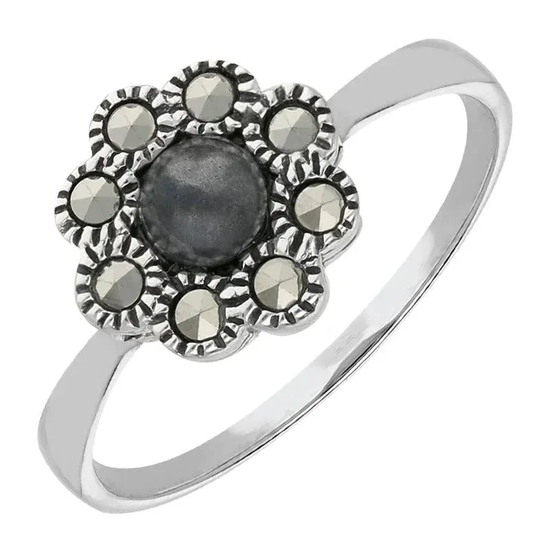 Sterling Silver Hematite Marcasite Round Beaded Edge Ring sold by Jura Watches
