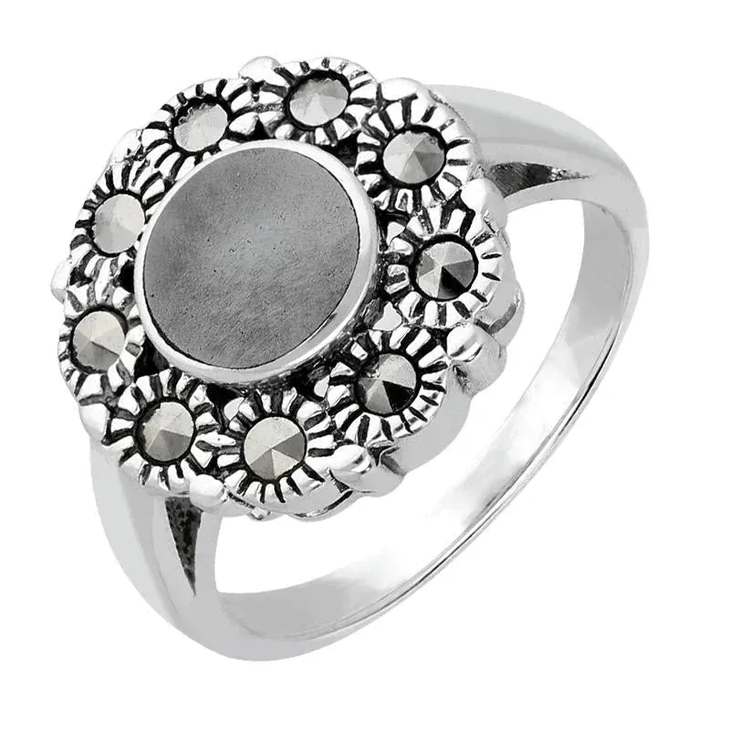 Sterling Silver Hematite Vintage Round Centre Marcasite Ring sold by Jura Watches