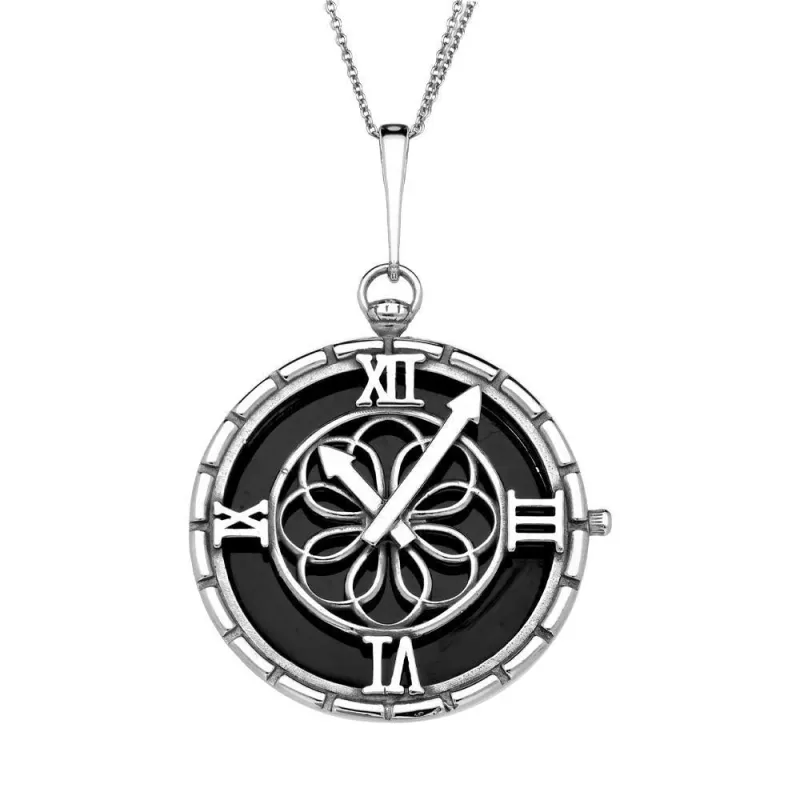 Sterling Silver Whitby Jet Large Round Clock Necklace sold by Jura Watches