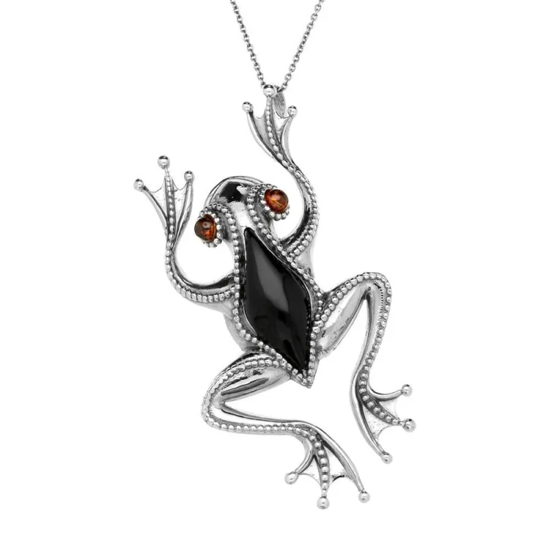 Sterling Silver Whitby Jet Amber Bead Detail Large Frog Necklace sold by Jura Watches