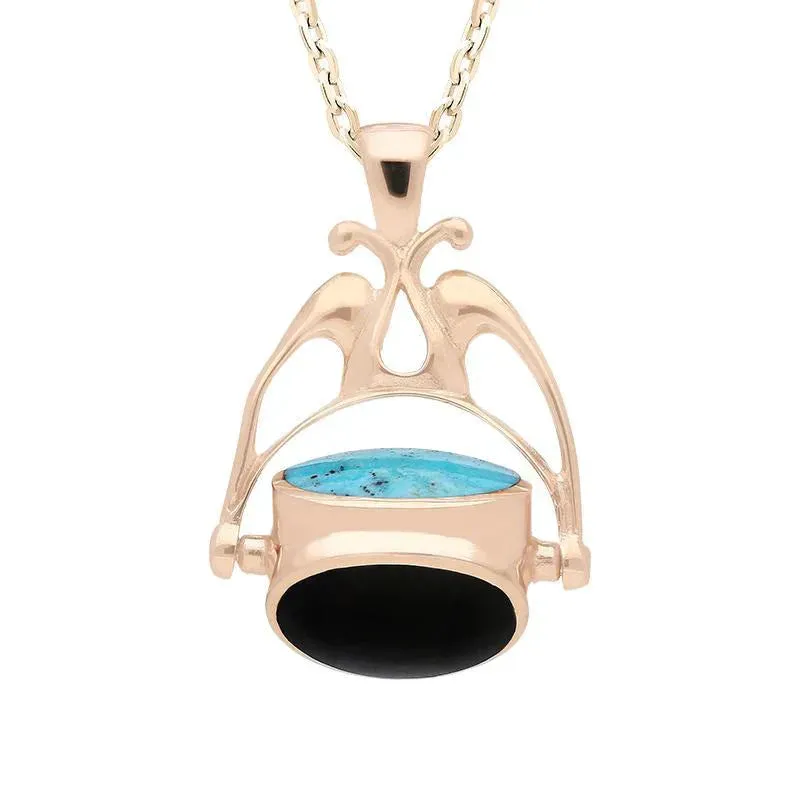9ct Rose Gold Whitby Jet Turquoise and Mother of Pearl Swivel Fob Necklace sold by Jura Watches