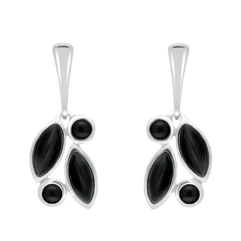Sterling Silver Whitby Jet Four Stone Leaf Drop Earrings sold by Jura Watches