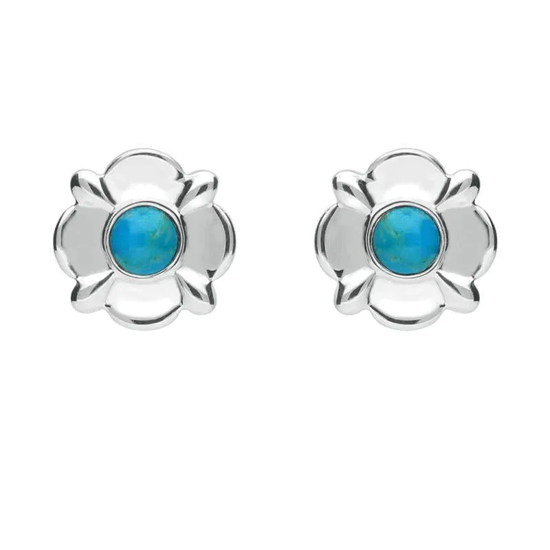 Sterling Silver Turquoise Round Four Petal Flower Stud Earrings sold by Jura Watches