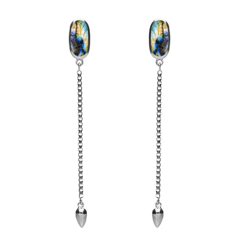 Sterling Silver Spectrolite Lineaire Long Drop Stud Earrings sold by Jura Watches