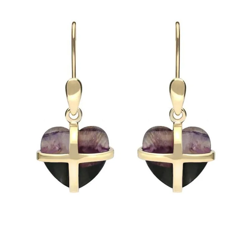 9ct Yellow Gold Blue John Small Cross Heart Drop Earrings sold by Jura Watches