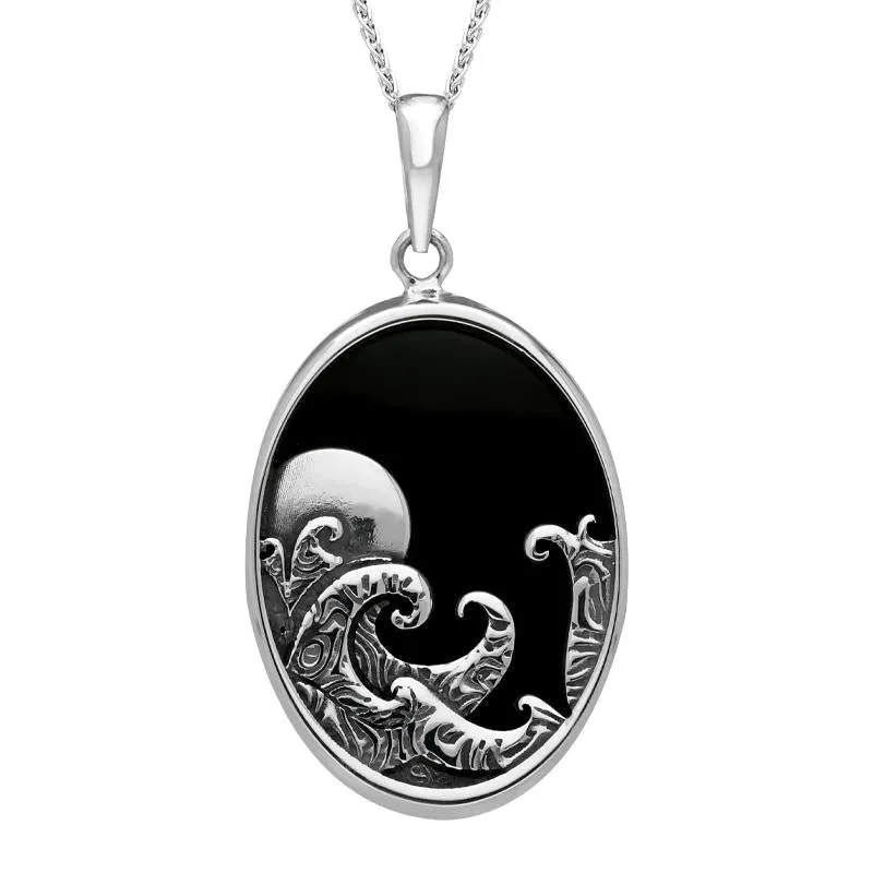 Sterling Silver Whitby Jet Moon Waves Oval Necklace sold by Jura Watches