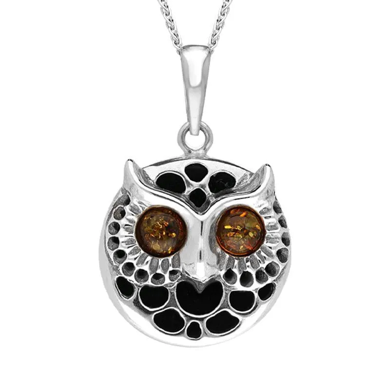 Sterling Silver Whitby Jet Amber Round Owl Face Necklace sold by Jura Watches
