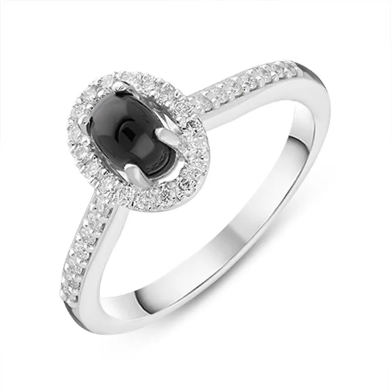 18ct White Gold Whitby Jet 0.19ct Diamond Halo Ring sold by Jura Watches