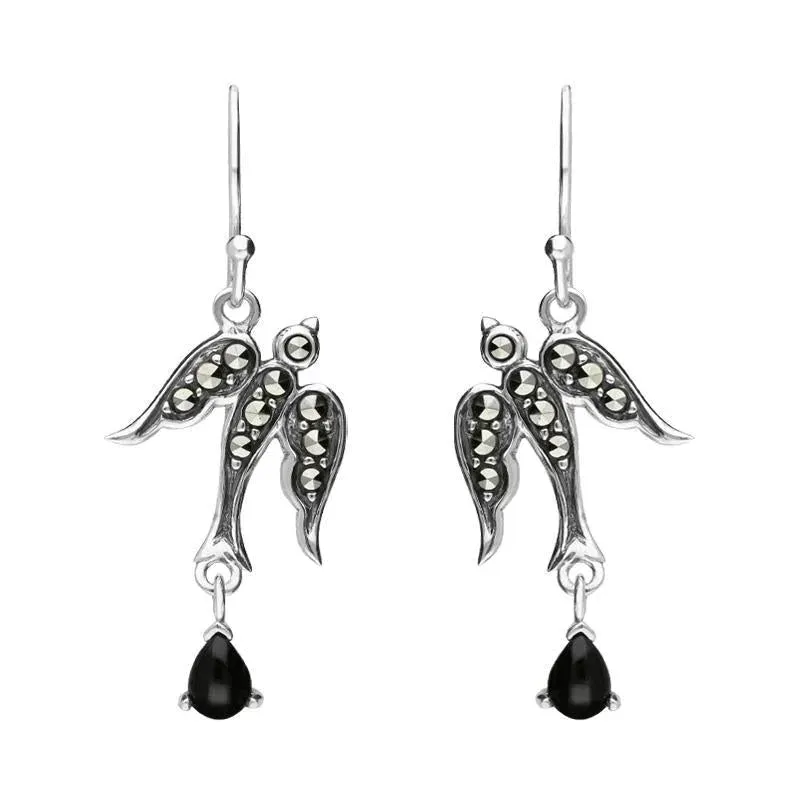 Sterling Silver Whitby Jet Marcasite Swallow Drop Earrings sold by Jura Watches
