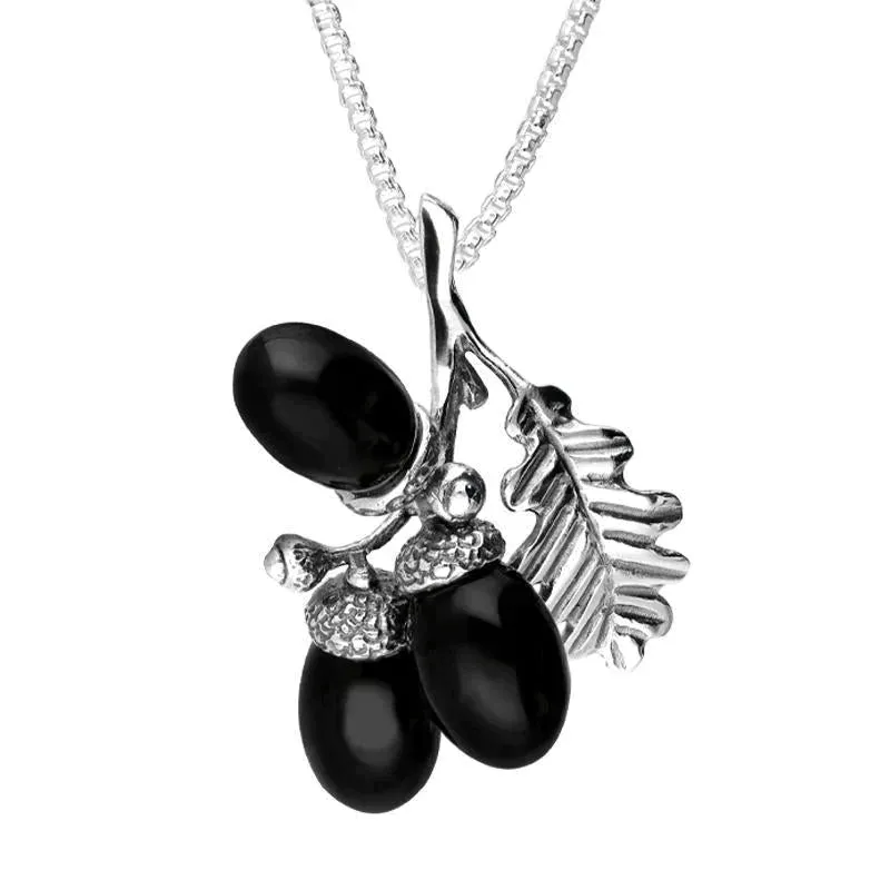 Sterling Silver Whitby Jet Triple Acorn and Leaf Necklace made by C.W. Sellors