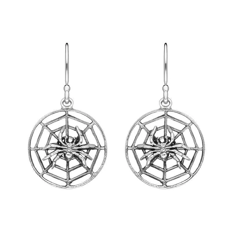 Sterling Silver Spider In Web Hook Drop Earrings made by C.W. Sellors