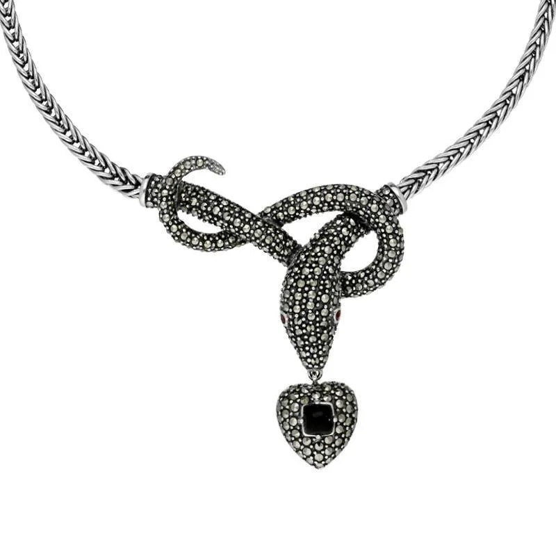 Sterling Silver Whitby Jet Marcasite Garnet Snake Necklace made by C.W. Sellors