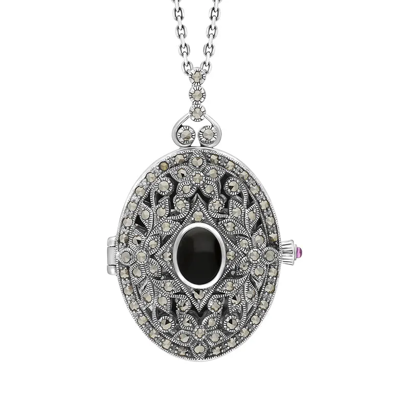 Sterling Silver Whitby Jet Marcasite Large Oval Flower Edge Locket Necklace made by C.W. Sellors